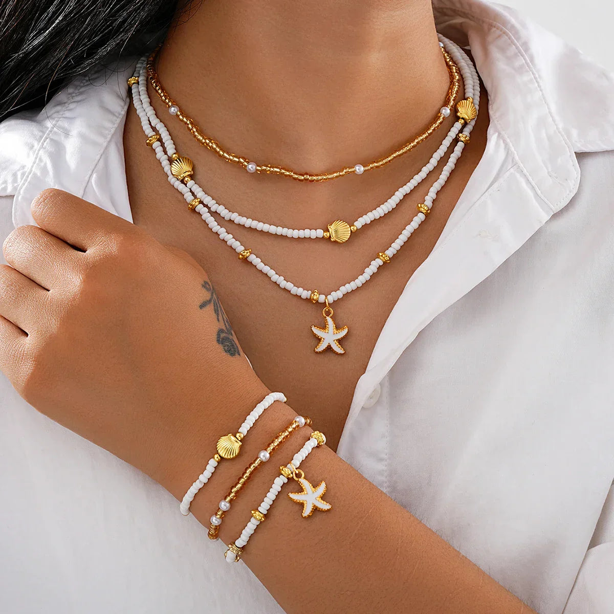 Conjunto de joyas de estrella de mar y cuentas - 6 piezas