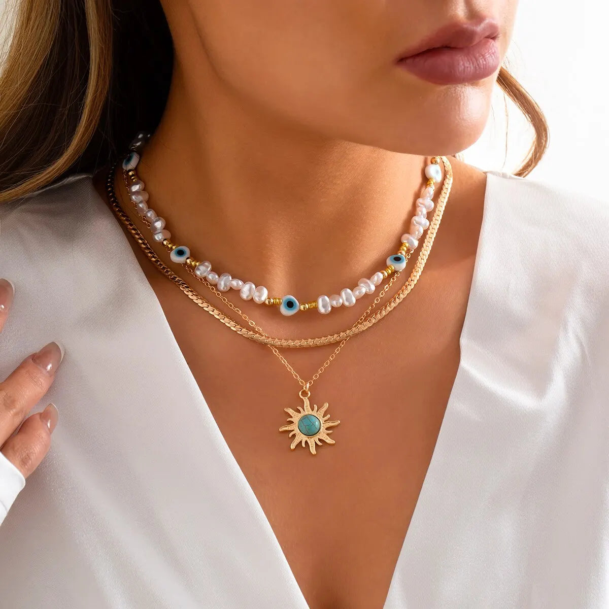 Conjunto de collares superpuestos Parel y Ojo Turco – Colgante de sol estilo bohemio