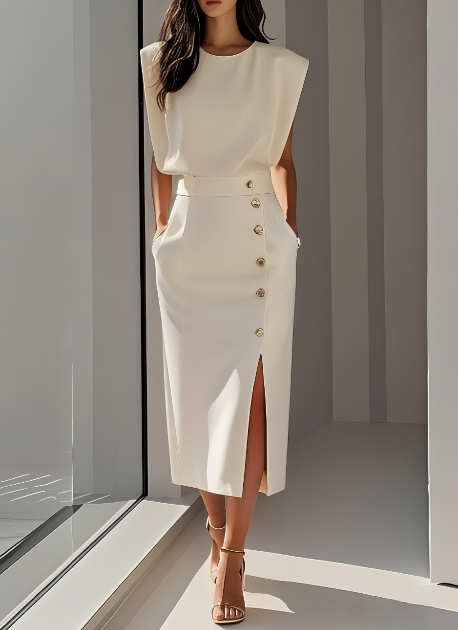 Mariam - Vestido medio ajustado con botones dorados