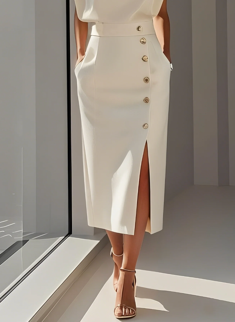 Mariam - Vestido medio ajustado con botones dorados