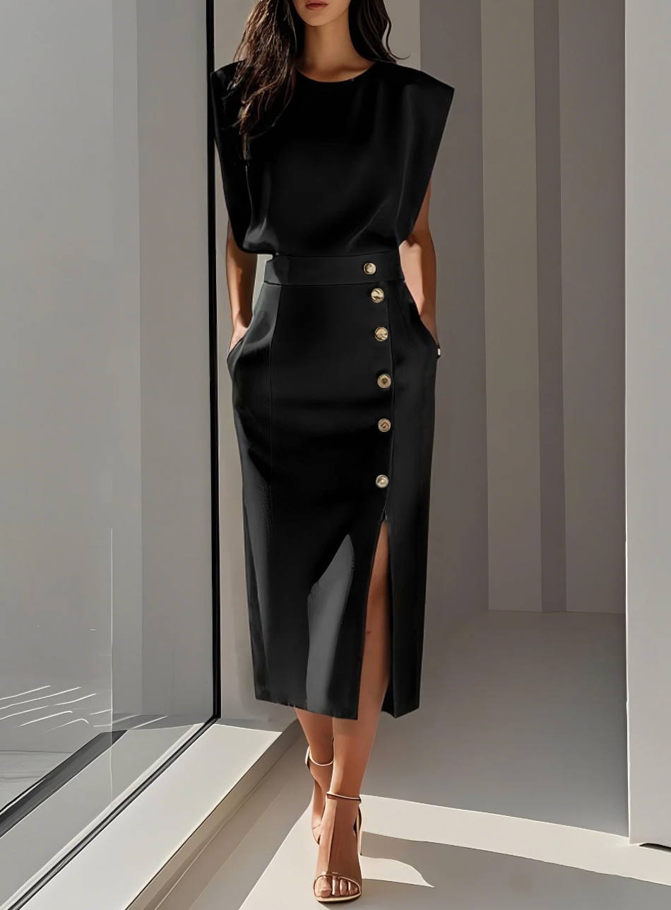 Mariam - Vestido medio ajustado con botones dorados