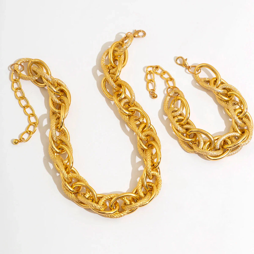 Conjunto de pulsera y collar de cadena doble retorcida gruesa y llamativa Precio completo