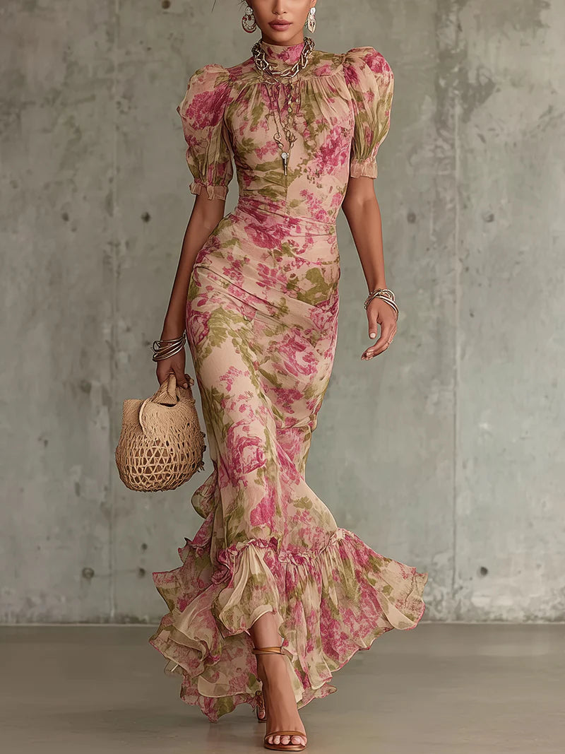 Fiora - Abito lungo con stampa vintage a rose e maniche a sbuffo