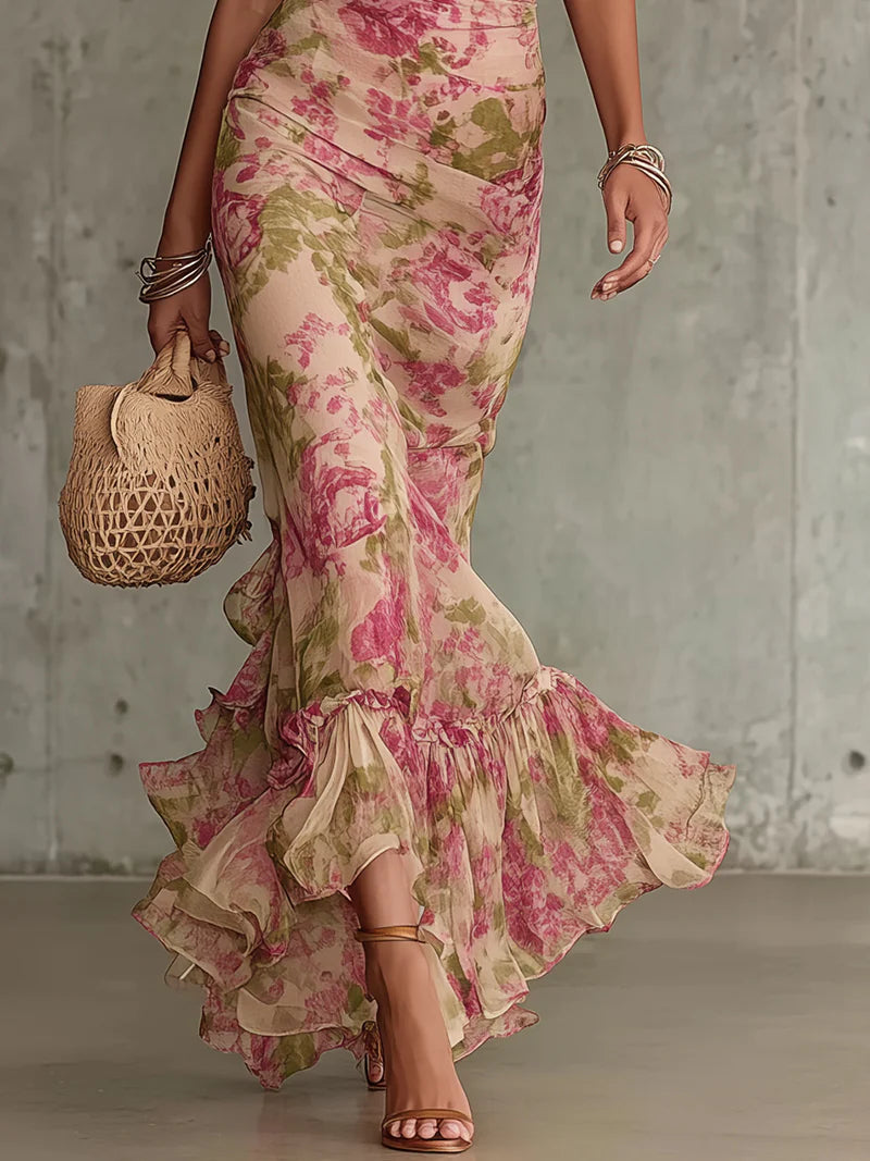 Fiora - Vestido de primavera, largo con estampado vintage de rosas con hombreras