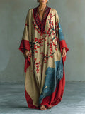 Maxi Abito in Stile Vintage con Maniche a Pipistrello e Stampa di Fiori di Susino Giapponese