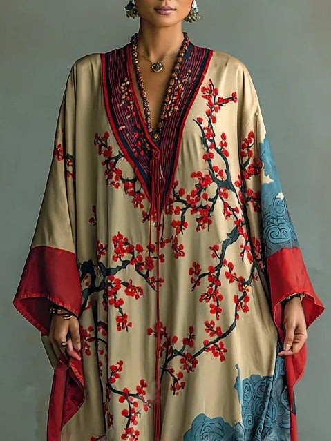 Maxi Abito in Stile Vintage con Maniche a Pipistrello e Stampa di Fiori di Susino Giapponese