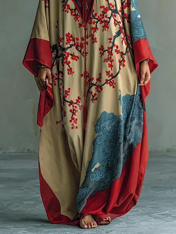 Maxi Abito in Stile Vintage con Maniche a Pipistrello e Stampa di Fiori di Susino Giapponese