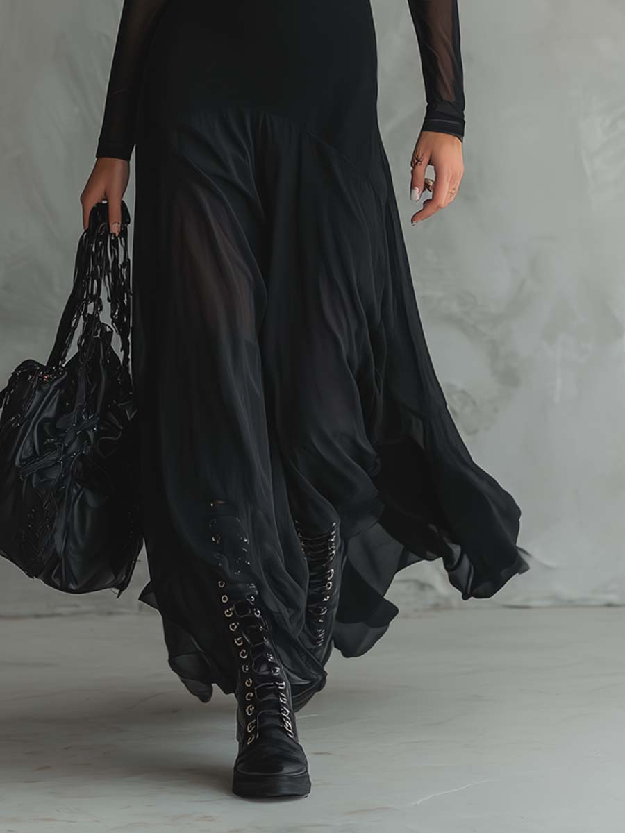 Mara - Vestido esencial largo holgado de tul negro