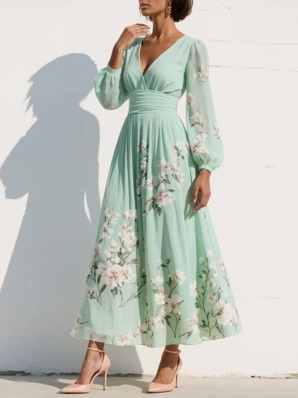 Abito Maxi Plissè in Chiffon Verde Menta con Stampa Floreale per Donne