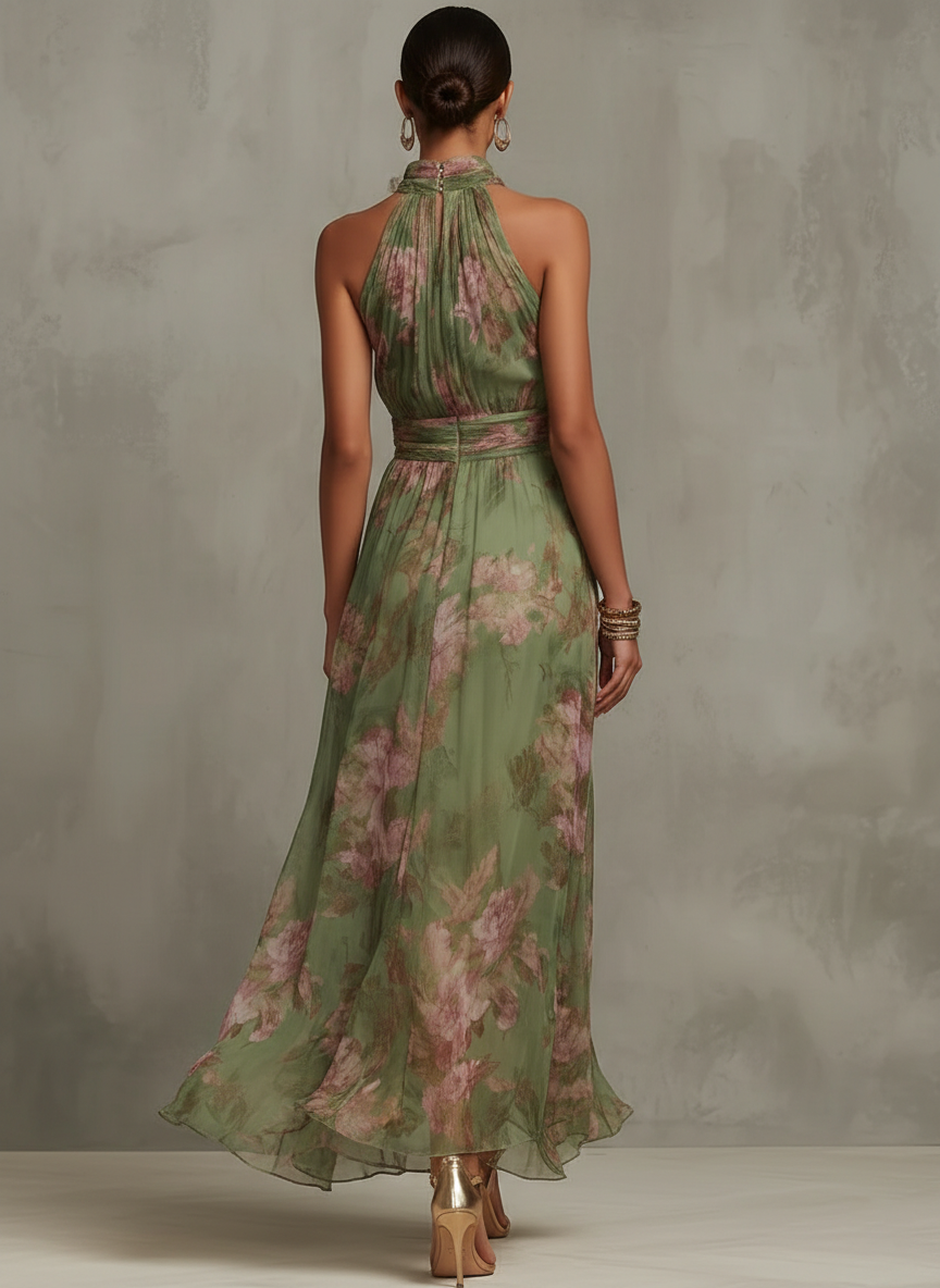 Serena - Vestido de primavera esencial, largo verde de flores de gasa con cuello americano