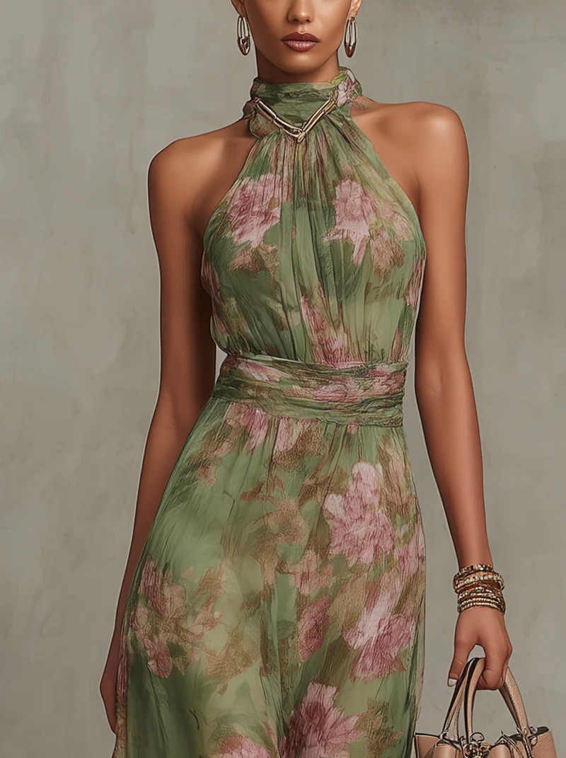 Serena - Vestido de primavera esencial, largo verde de flores de gasa con cuello americano