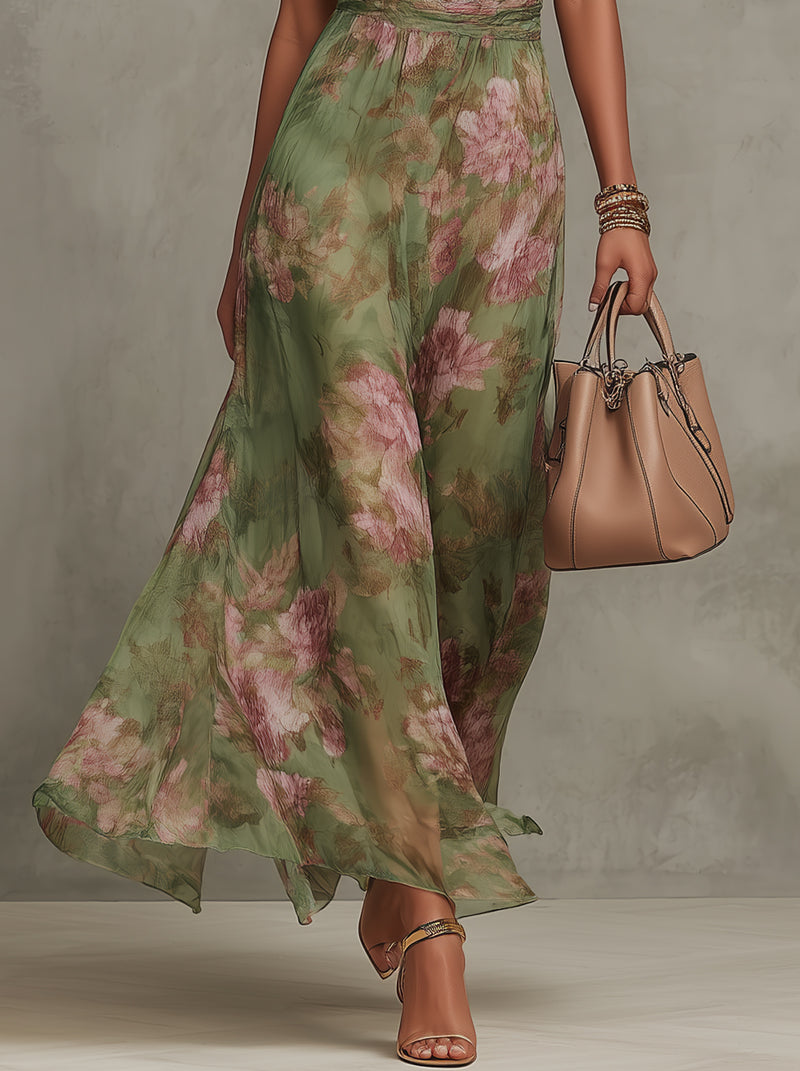 Serena - Vestido de primavera esencial, largo verde de flores de gasa con cuello americano