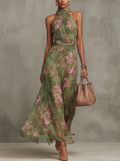 Serena - Vestido de primavera esencial, largo verde de flores de gasa con cuello americano