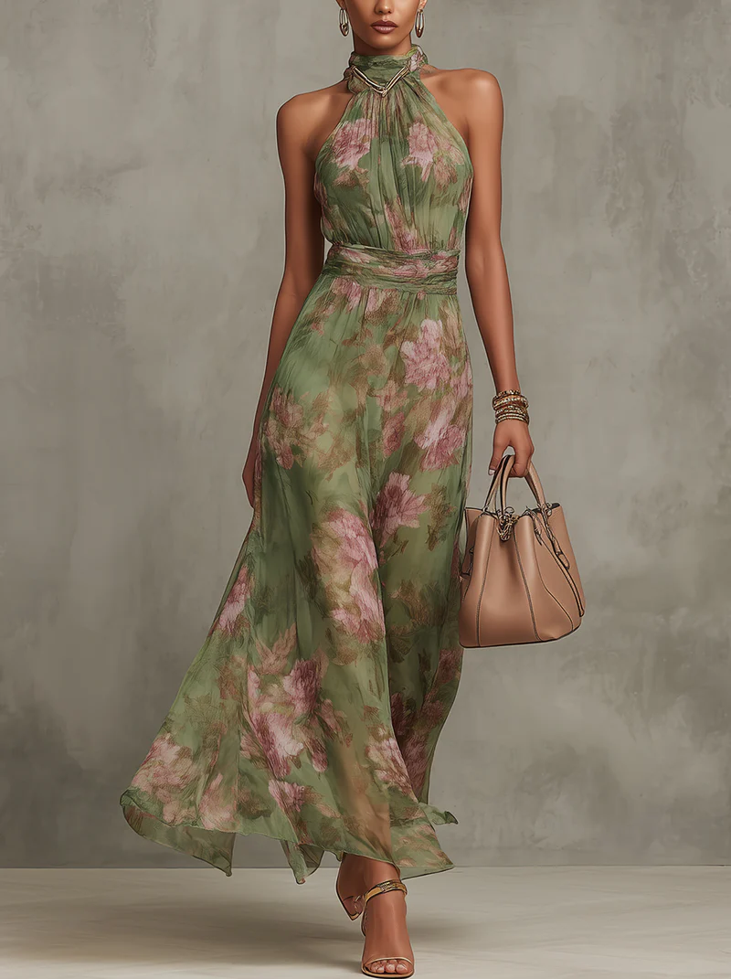 Serena - Vestido de primavera esencial, largo verde de flores de gasa con cuello americano