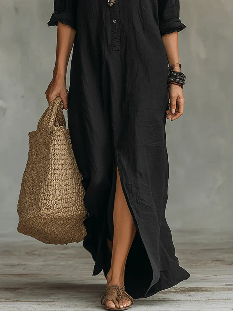 Selena™ | Abito Maxi Nero Lungo con Bottoni