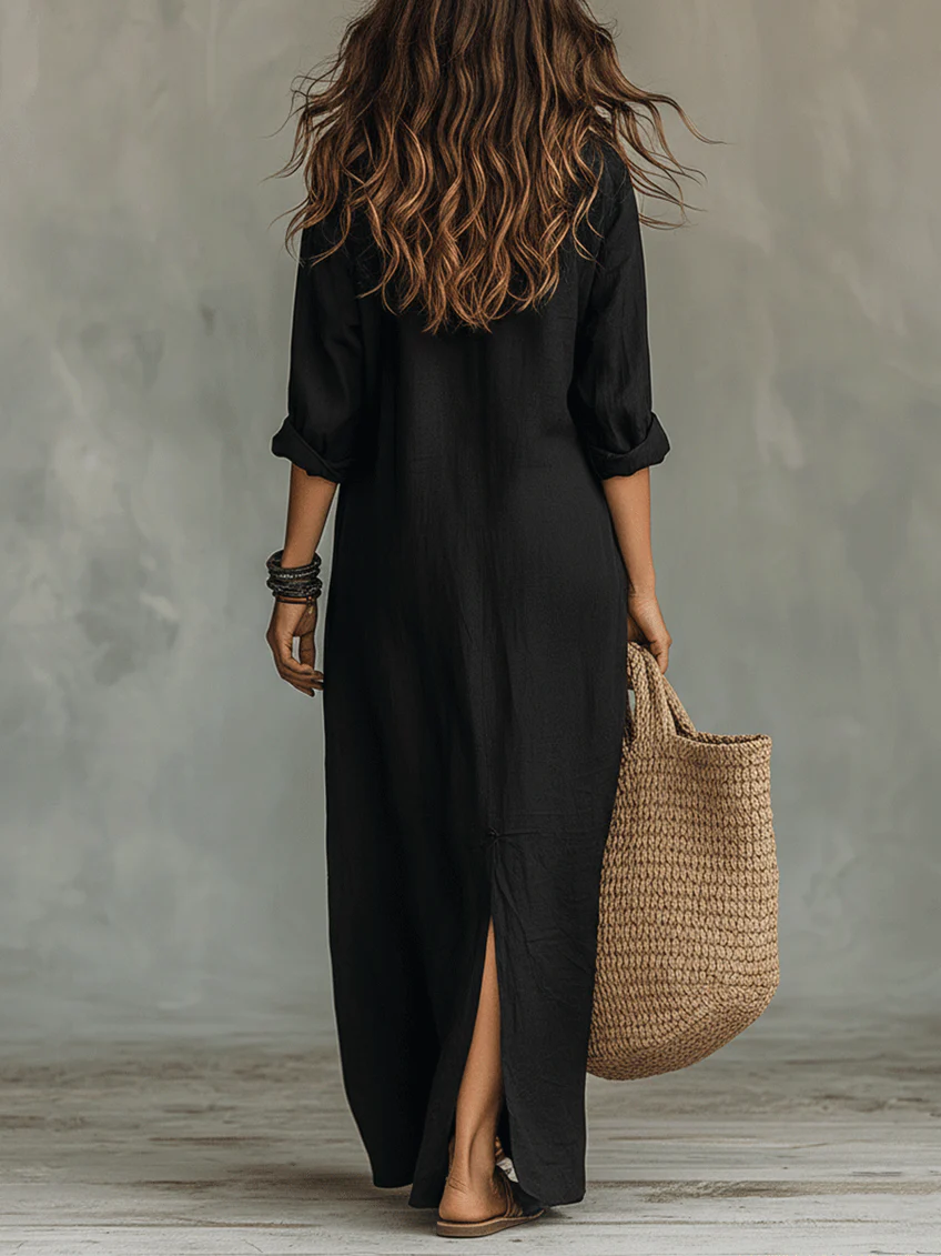 Soline | Vestido Largo Negro Amplio con Botones