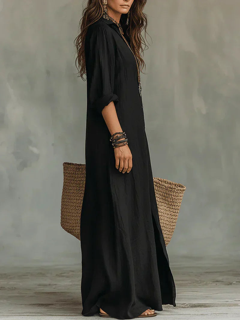 Selena™ | Abito Maxi Nero Lungo con Bottoni