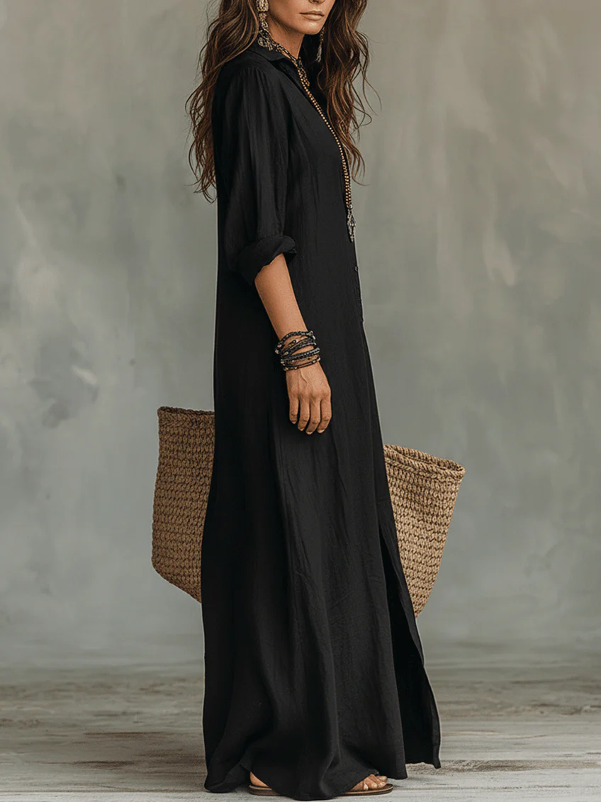 Soline | Vestido Largo Negro Amplio con Botones
