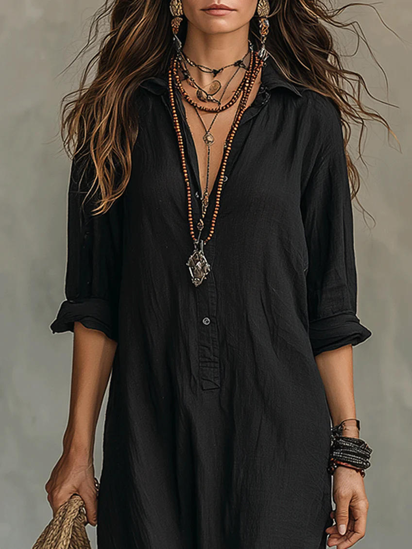 Soline | Vestido Largo Negro Amplio con Botones