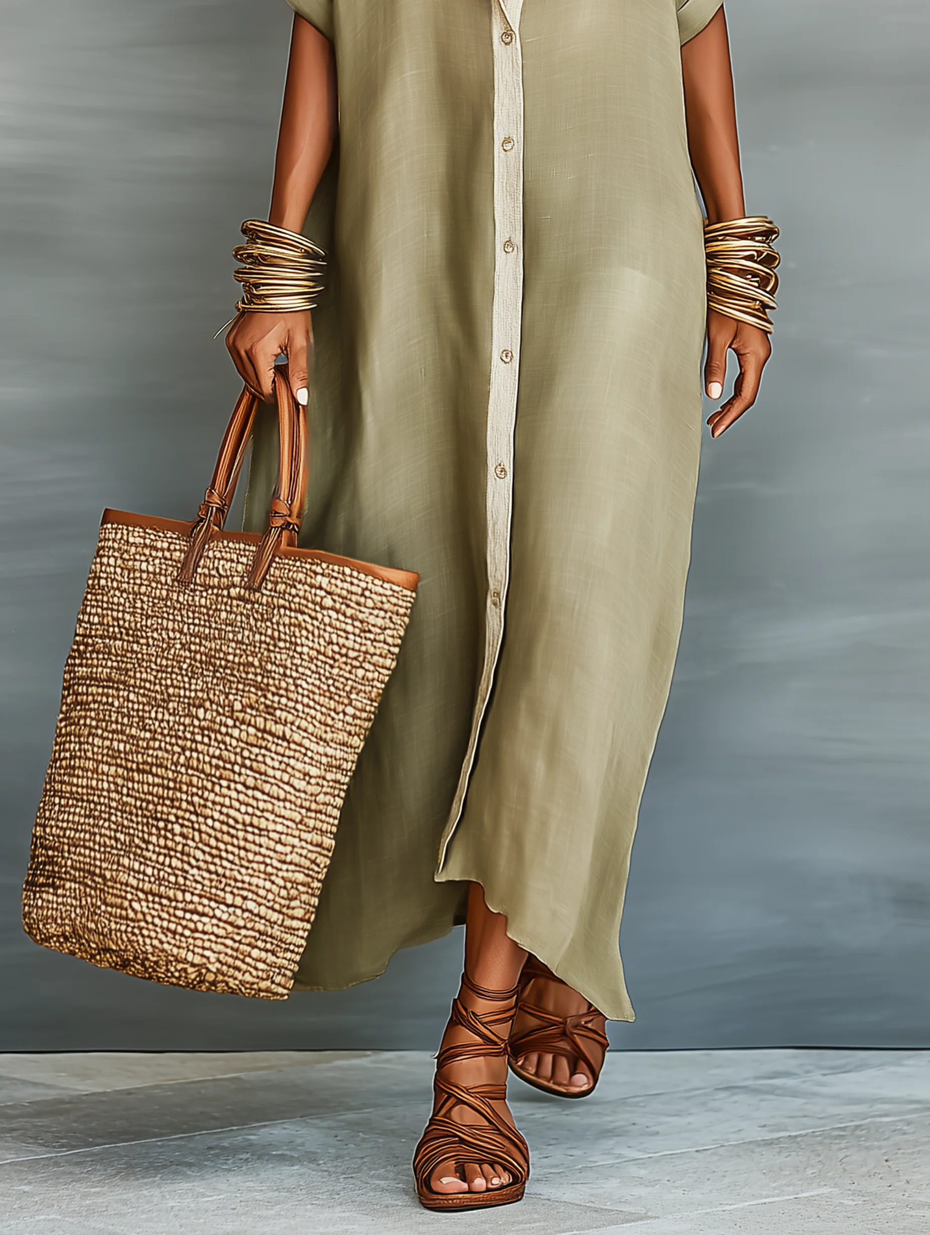 Manelle | Vestido Largo Verde Oliva con Líneas Minimalistas