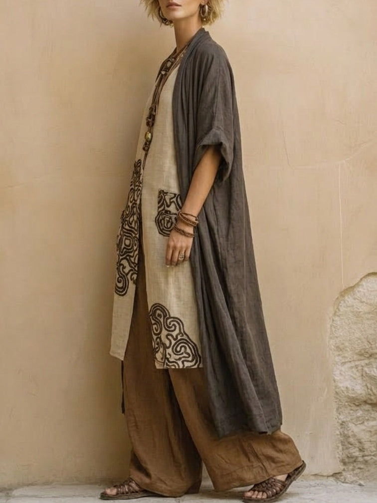 Giulia - Set Tre Pezzi Bohemien Nomade Grigio Scuro e Marrone con Motivo Tribale