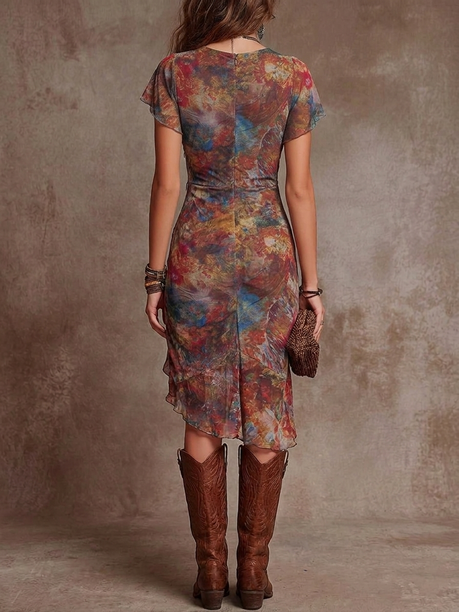 Martina - Vestido de primavera esencial, medio plisado con escote en V y estampado artístico abstracto de estilo bohemio