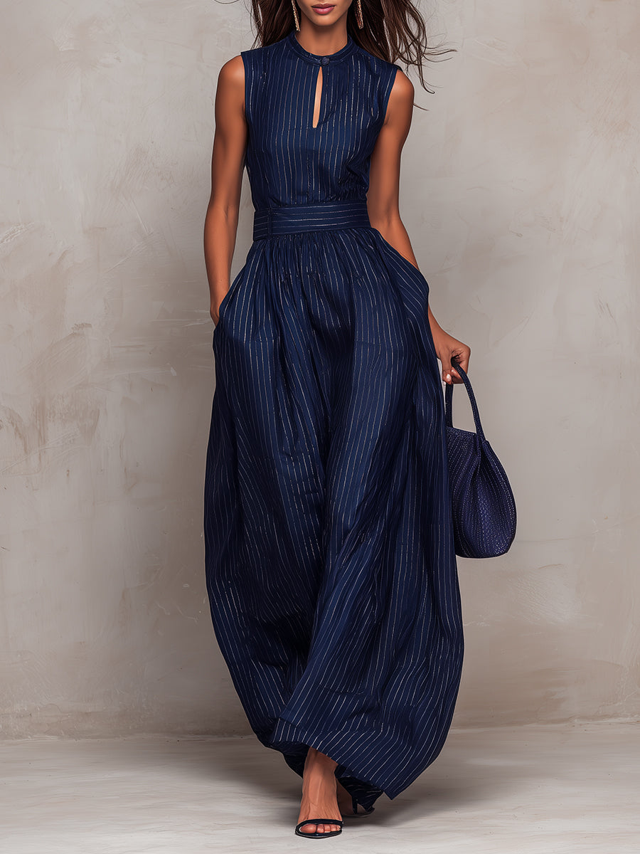 Anna - Tuta blu scuro a righe con scollo a chiave e pantaloni a gamba larga