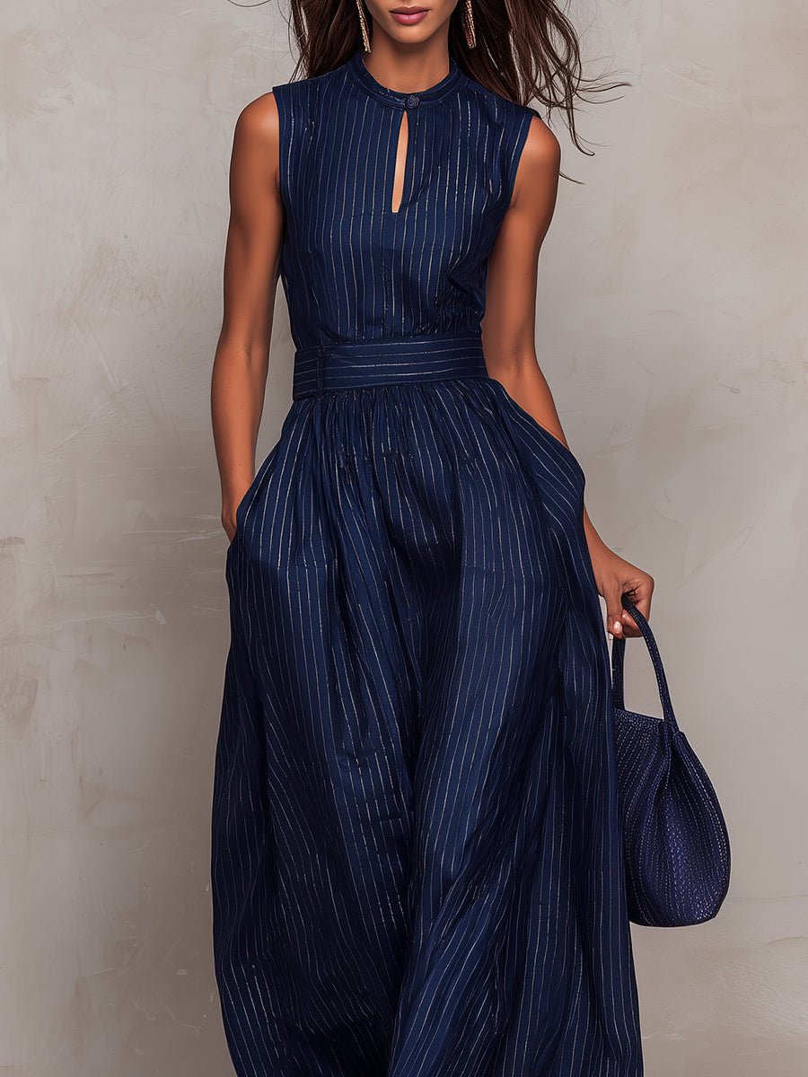 Anna - Tuta blu scuro a righe con scollo a chiave e pantaloni a gamba larga