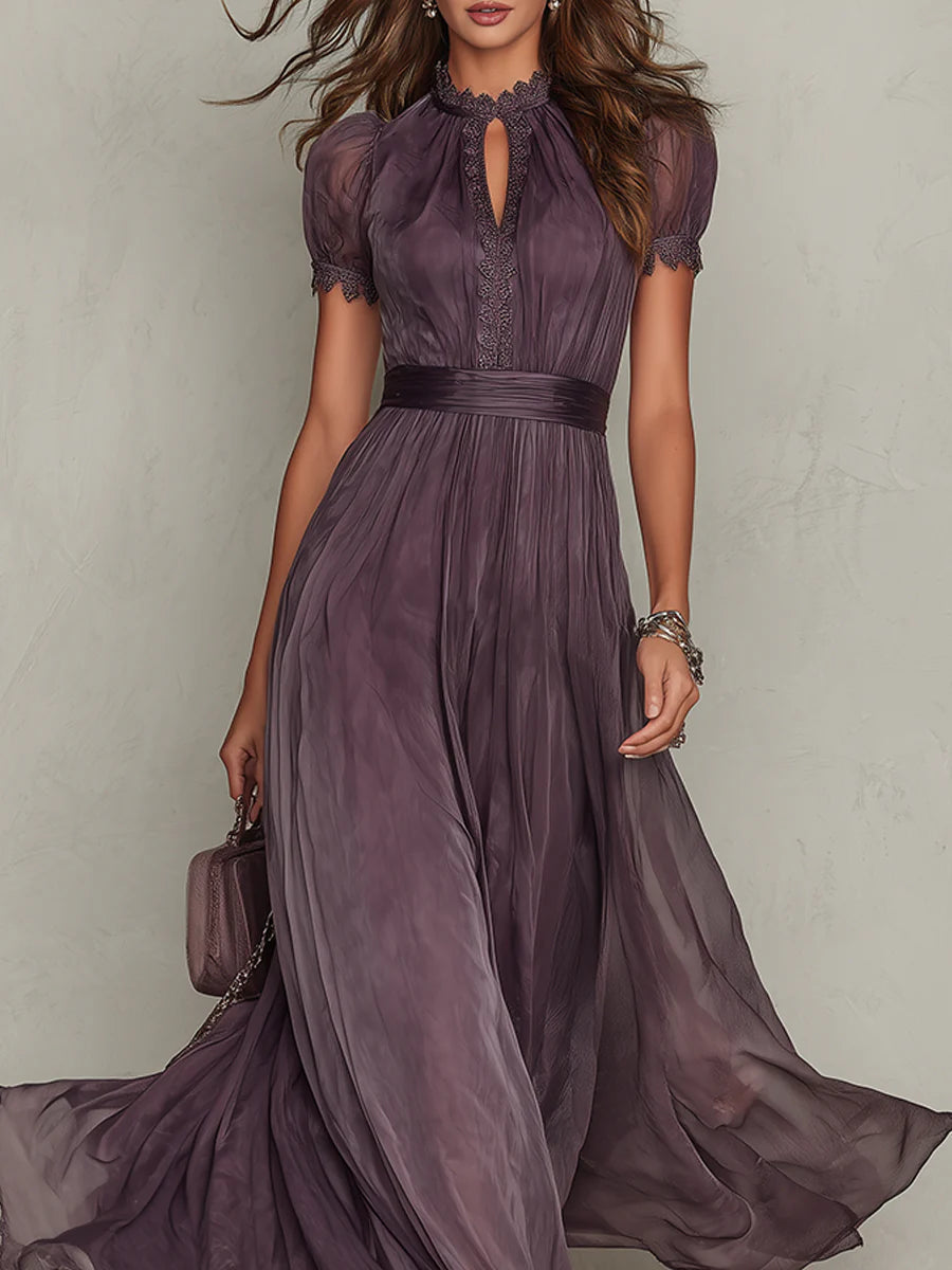 Flavia - Vestido de primavera, largo morado con escote en forma de gota y ribete de encaje de gasa