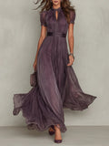 Flavia - Vestito lungo viola con scollo a chiave, bordo in pizzo di chiffon