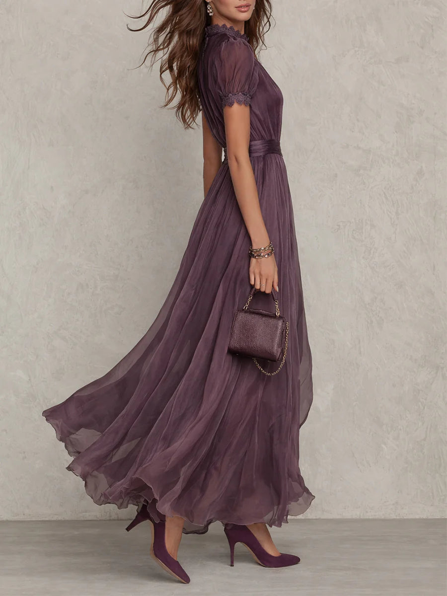 Flavia - Vestido de primavera, largo morado con escote en forma de gota y ribete de encaje de gasa