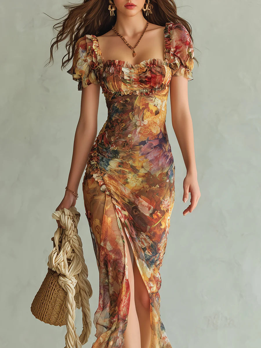 Viola - Abito lungo in chiffon arancione con stampa a olio in stile bohemien