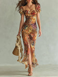 Viola - Abito lungo in chiffon arancione con stampa a olio in stile bohemien