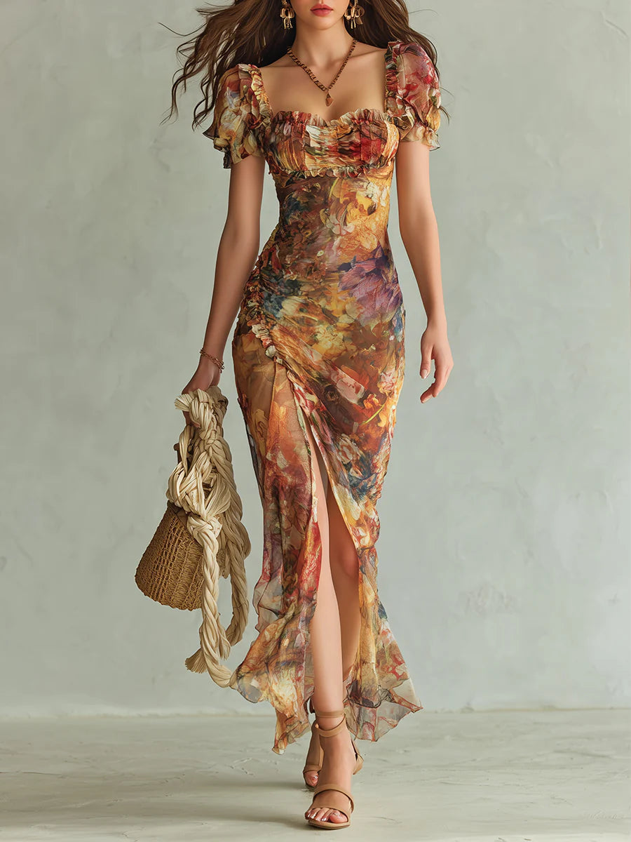 Viola - Abito lungo in chiffon arancione con stampa a olio in stile bohemien