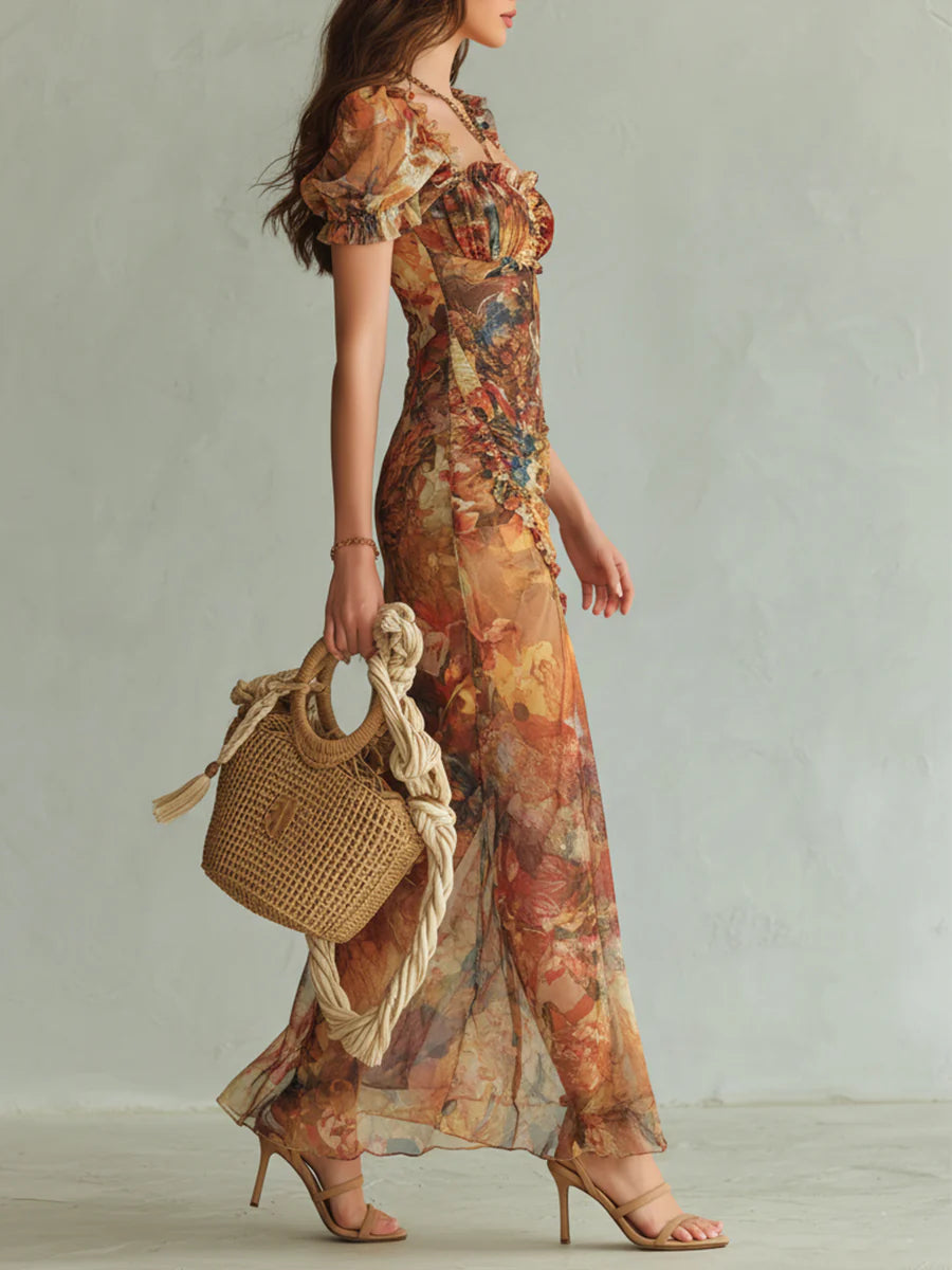 Viola - Abito lungo in chiffon arancione con stampa a olio in stile bohemien