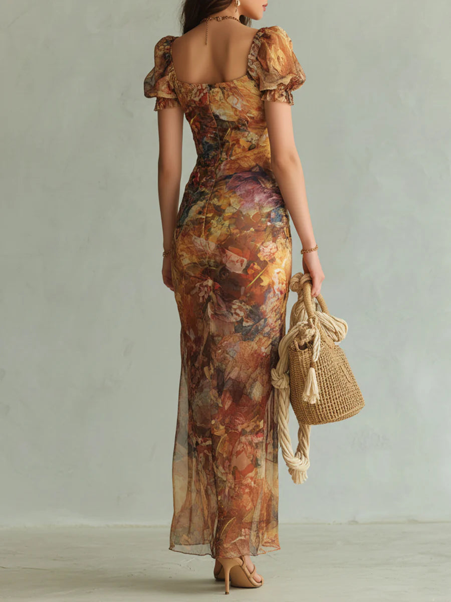 Viola - Abito lungo in chiffon arancione con stampa a olio in stile bohemien