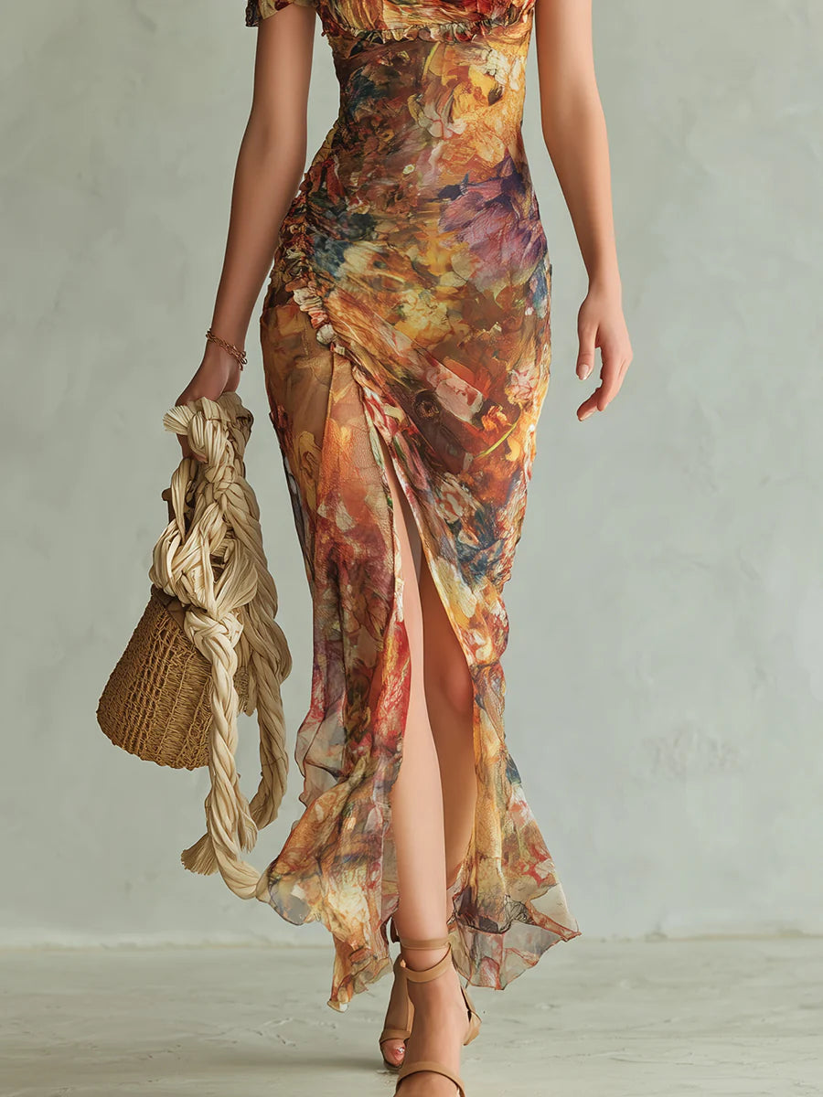 Viola - Abito lungo in chiffon arancione con stampa a olio in stile bohemien
