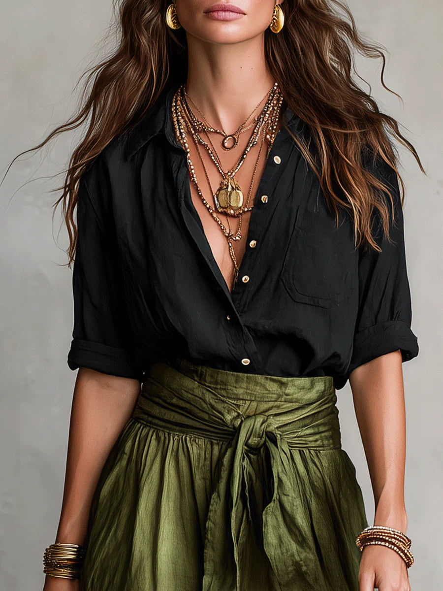 Vera™ | Conjunto de dos piezas: Top negro y falda media verde oliva