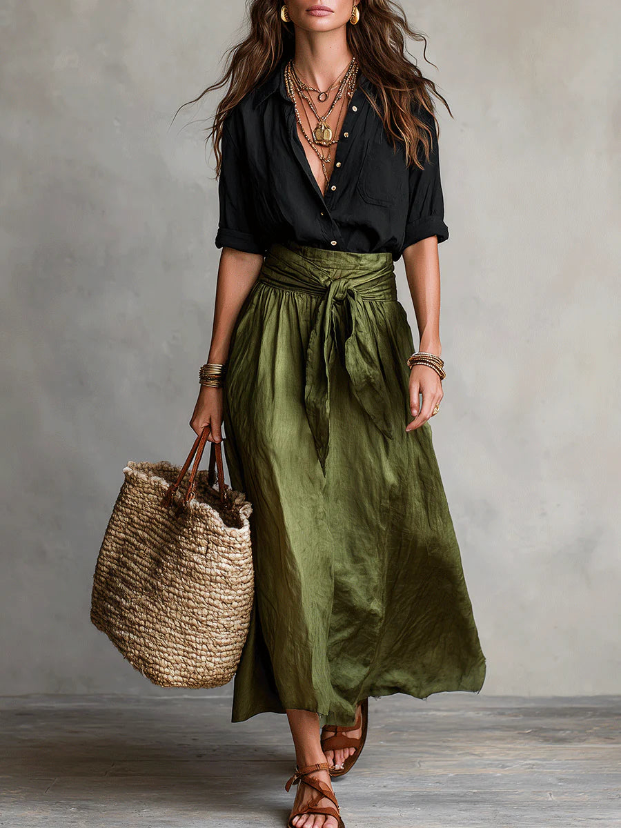 Vera™ | Conjunto de dos piezas: Top negro y falda media verde oliva