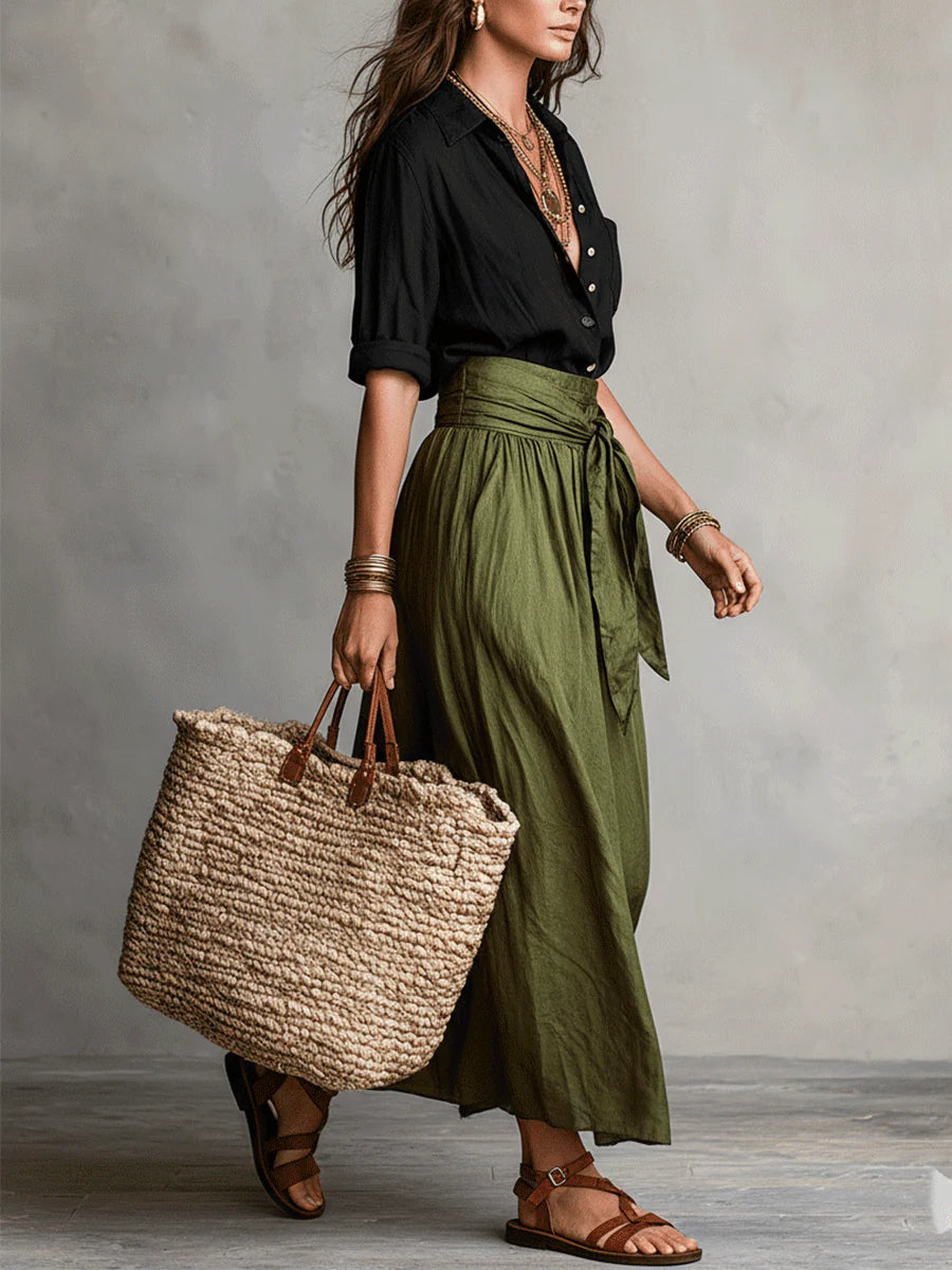 Vera™ | Conjunto de dos piezas: Top negro y falda media verde oliva