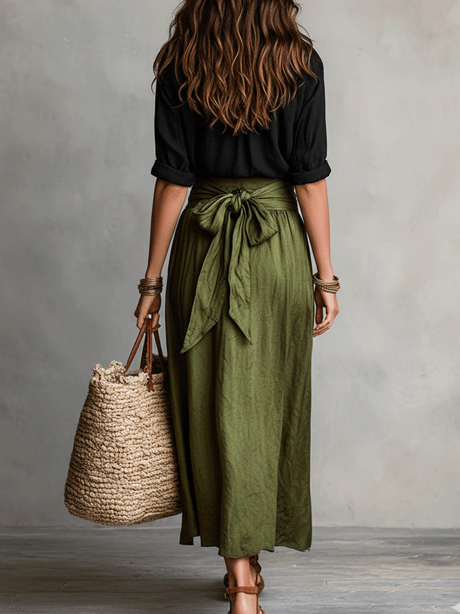 Vera™ | Conjunto de dos piezas: Top negro y falda media verde oliva