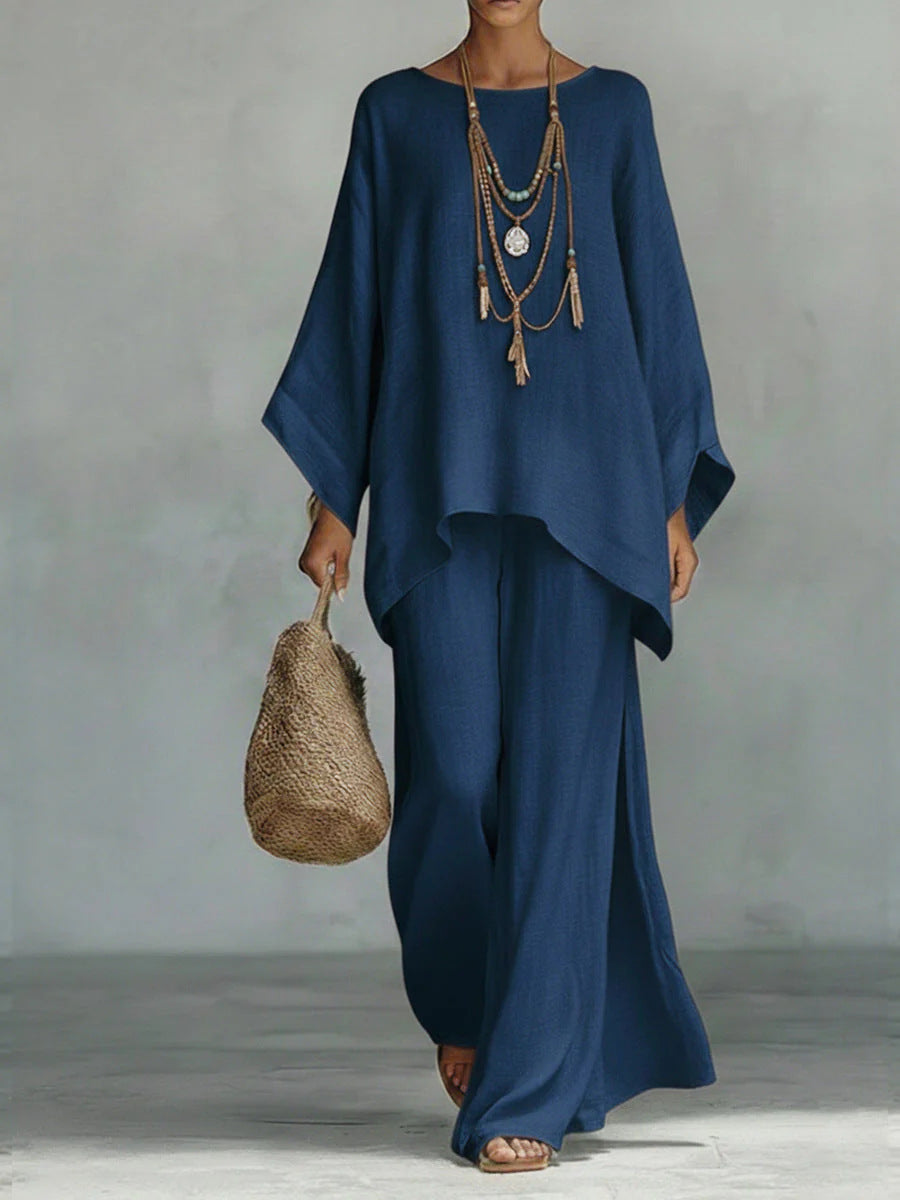 Beatrice - Conjunto  esencial de top y pantalones holgados en mezcla de lino de estilo minimalista