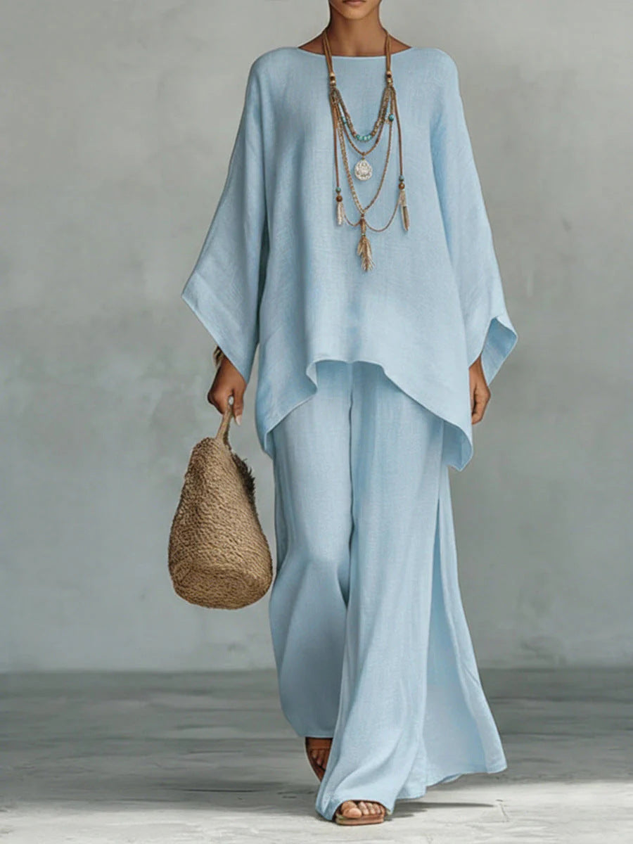 Beatrice - Conjunto  esencial de top y pantalones holgados en mezcla de lino de estilo minimalista