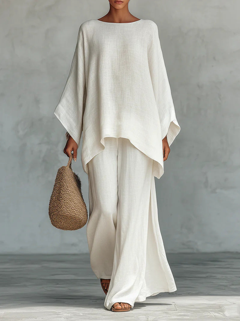 Beatrice - Conjunto  esencial de top y pantalones holgados en mezcla de lino de estilo minimalista