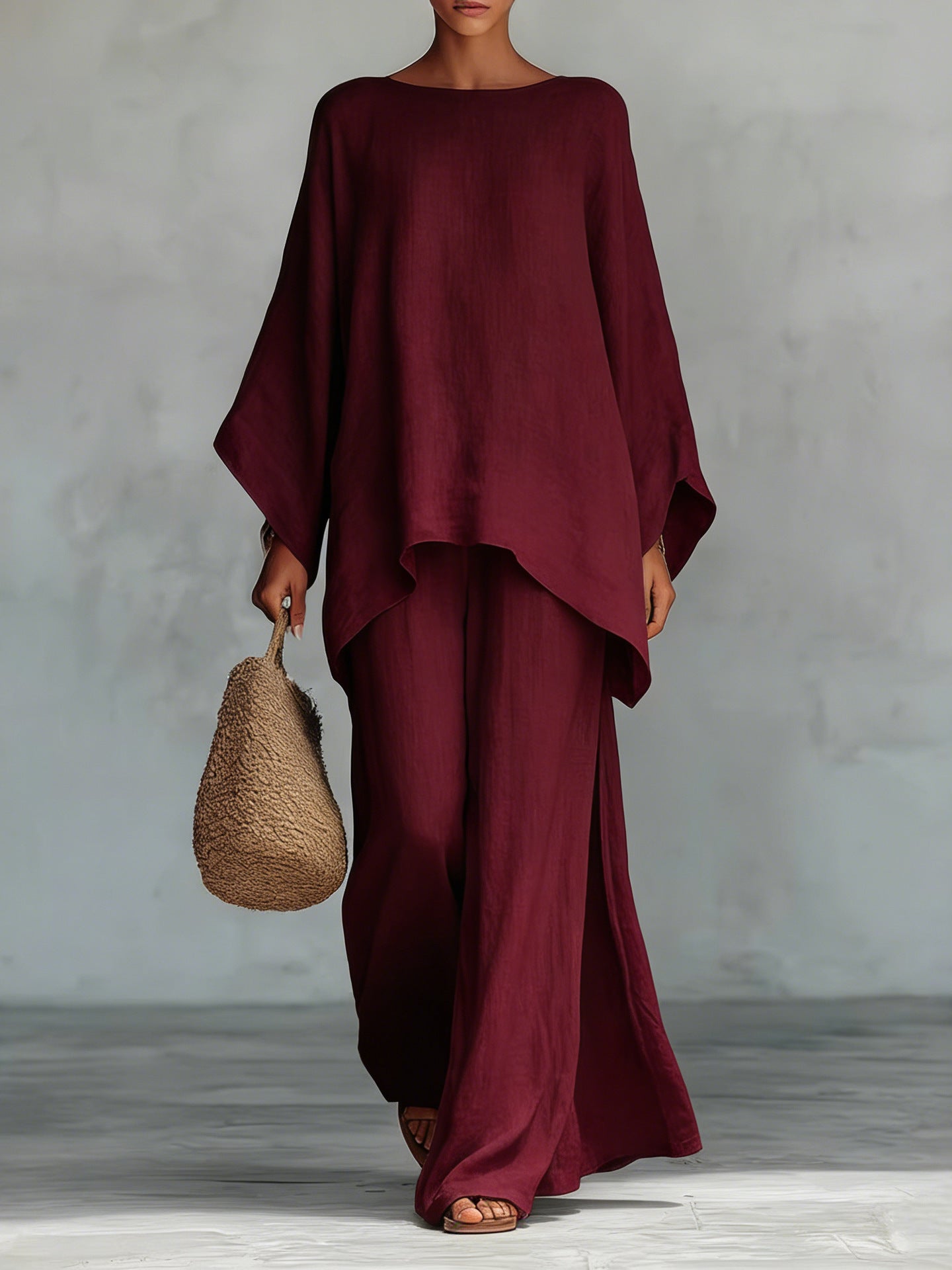 Beatrice - Conjunto  esencial de top y pantalones holgados en mezcla de lino de estilo minimalista