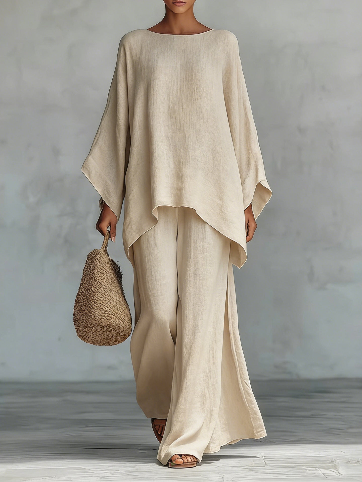 Beatrice - Conjunto  esencial de top y pantalones holgados en mezcla de lino de estilo minimalista