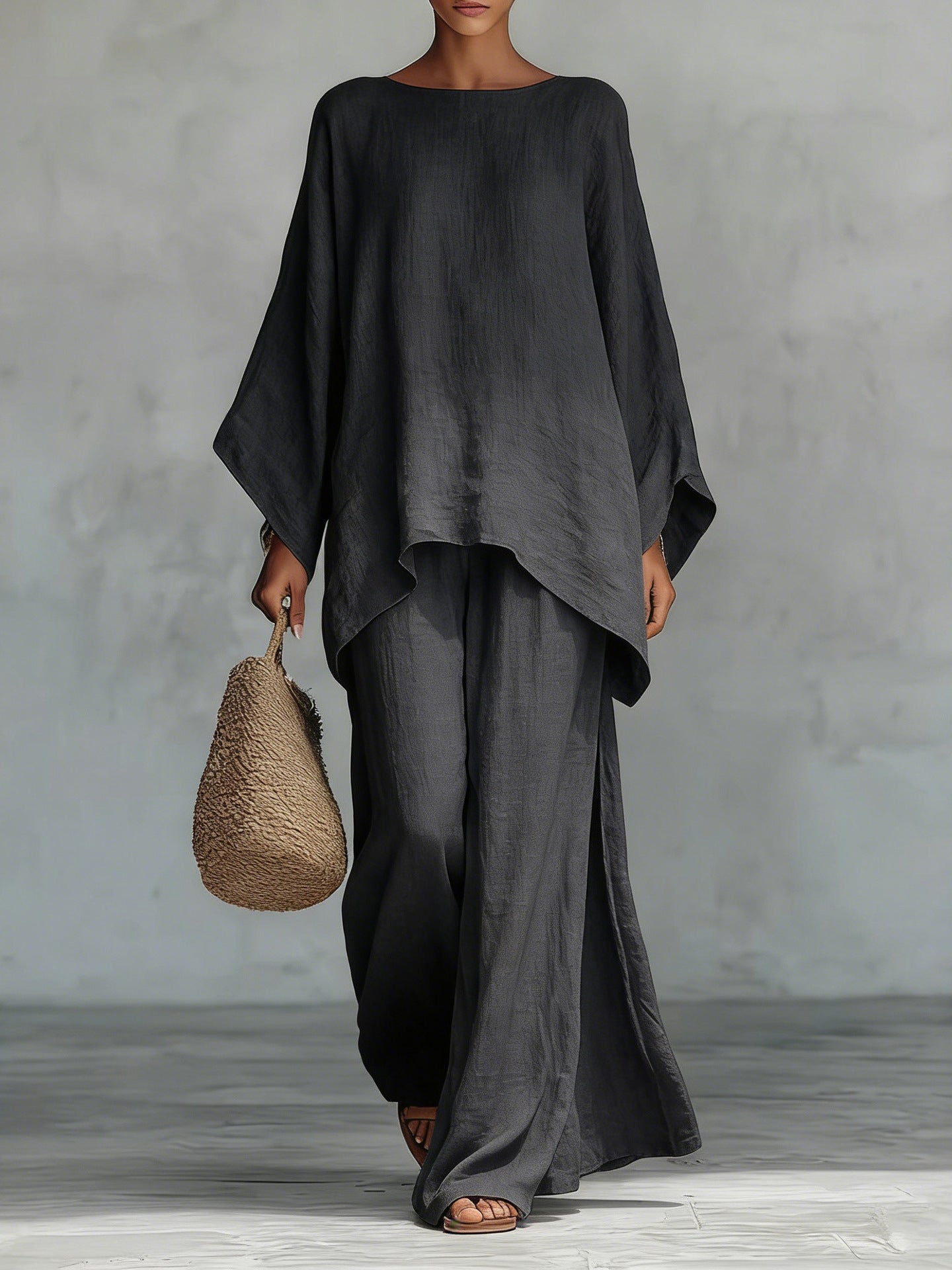 Beatrice - Conjunto  esencial de top y pantalones holgados en mezcla de lino de estilo minimalista