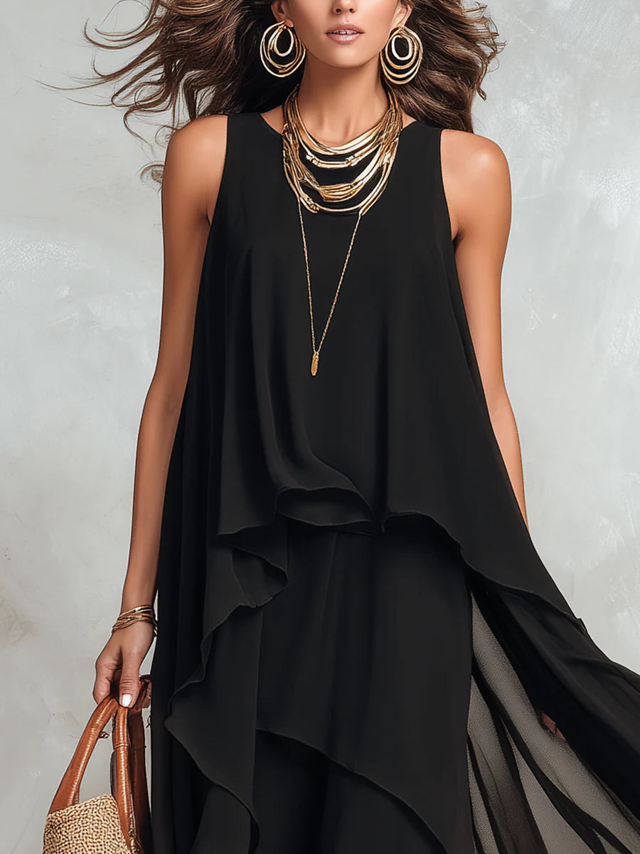 Abito Maxi Senza Maniche in Chiffon Nero con Scollo Rotondo a Strati