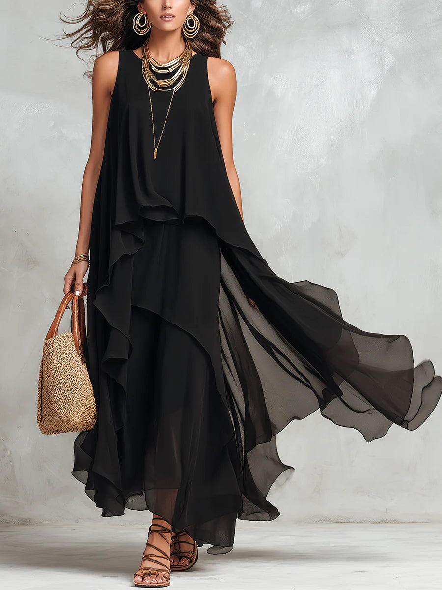 Abito Maxi Senza Maniche in Chiffon Nero con Collo Rotondo a Strati