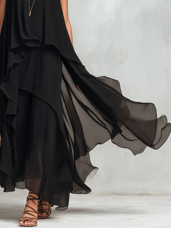 Abito Maxi Senza Maniche in Chiffon Nero con Scollo Rotondo a Strati